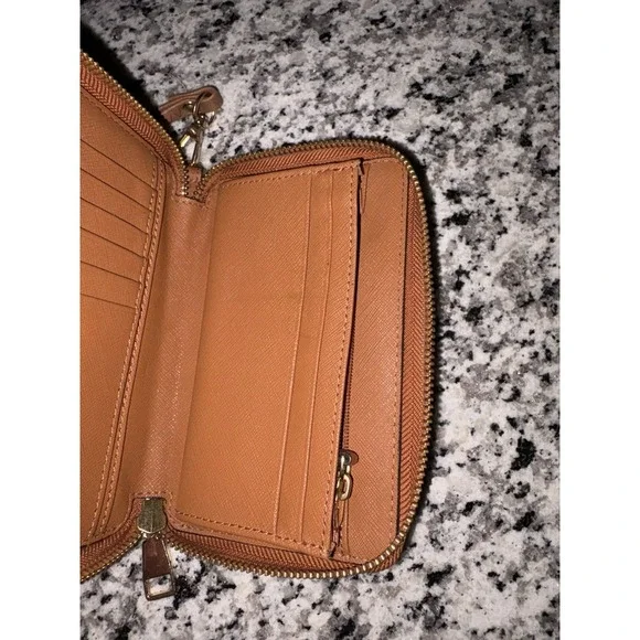 Tory Burch Leather Wallet Wristlet Tan Brown Zip Around Clutch Logo Pouch - Picture 10 of 12